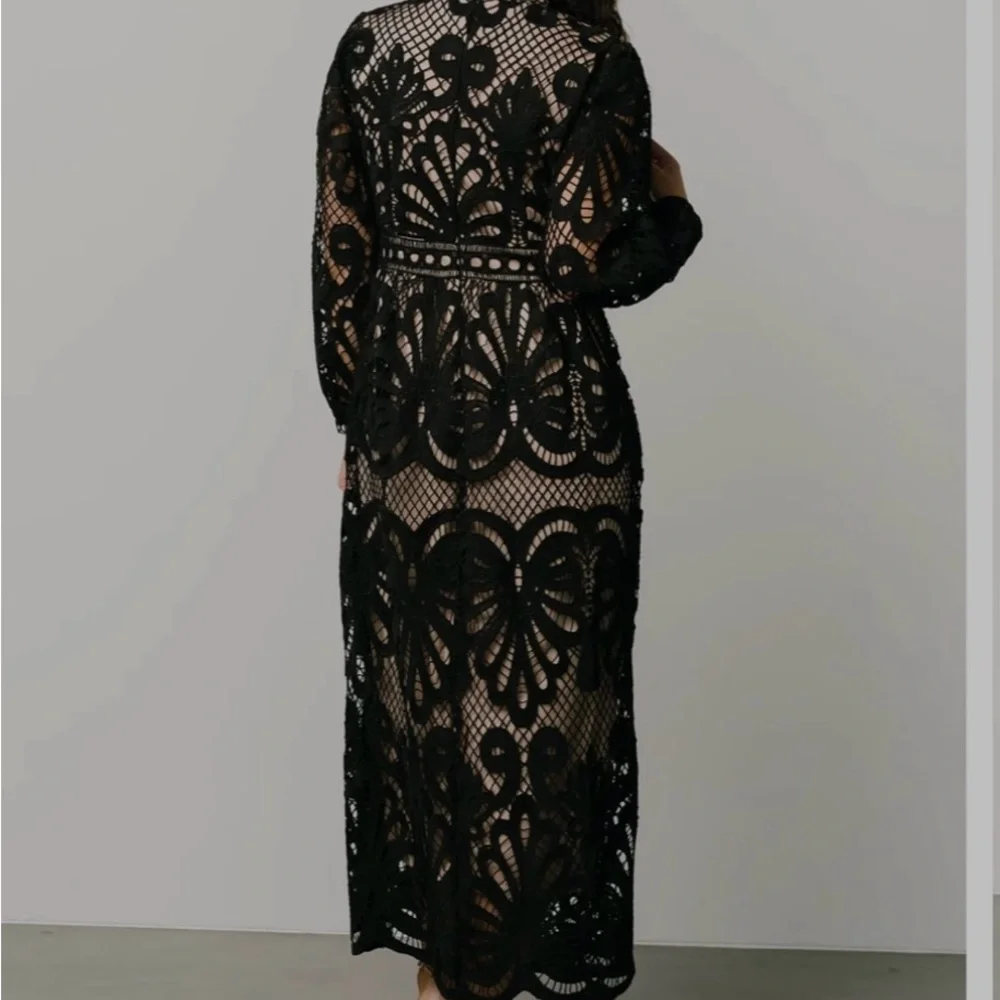 Bohme Black Tan Long Sleeve Mock Neck Cocktail Gown - Picture 4 of 11